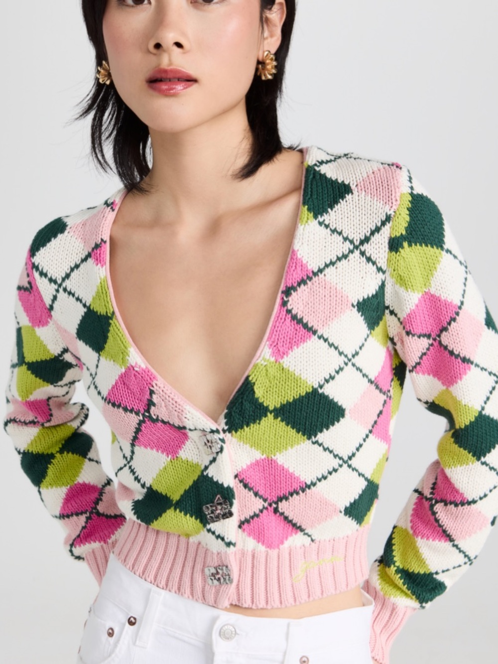 GANNI Graphic Cotton V-neck Cardigan